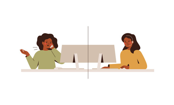 Woman At Home Talks To Operator Call Center. Service Consultant Help Female Customer Online. Remote Conversation Between Client And Assistent Of Support Line. Vector Illustration