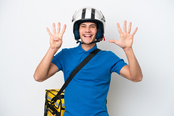 Young caucasian man with thermal backpack isolated on white background counting nine with fingers