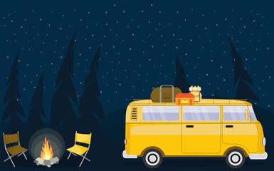 Camping Evening Scene.Car,Bonfire,Pine forest background,starry night sky