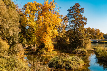 Beautiful autumn or indian summer view with reflections near Plattling, Isar, Bavaria, Germany