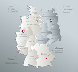 Germany map divided on West and East  map, administrative division with names, blue white card paper 3D vector