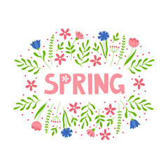 Hand drawn spring lettering text with flowers. Lettering spring season for greeting card, invitation template, poster and banner.