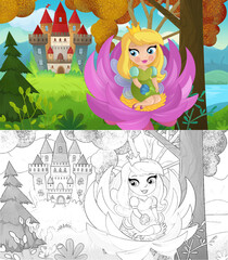 cartoon scene with nature forest princess and castle