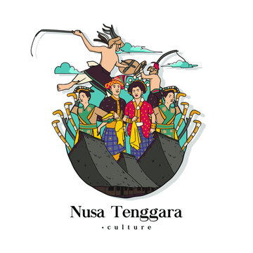 Set Nusa Tenggara Culture and Landmark Illustration. Hand drawn Indonesian cultures background