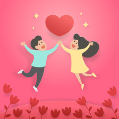 cartoon happy couple in flower garden, paper art style illustration