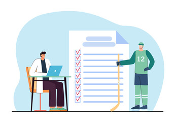 Hockey player at doctors office flat vector illustration. Sportsman taking medical examination and samples before competition. Sport, healthcare concept for banner, website design or landing web page