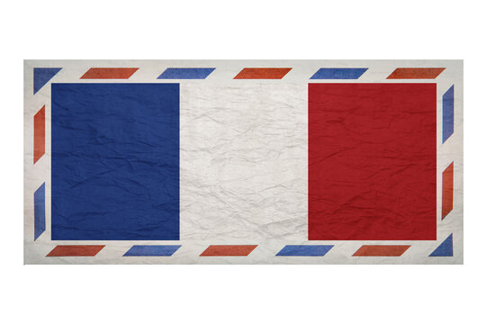 Postal envelope. Envelope with the image flag of France. French flag. Crumpled envelope with a flag without a postmark. Copy space. Blank mock up.