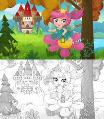 cartoon scene with nature forest princess and castle