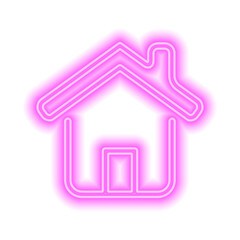Pink neon house with door, roof and chimney isolated on white