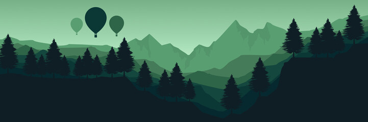 mountain flat design with forest silhouette vector illustration for wallpaper, backdrop, background, web banner, and design template