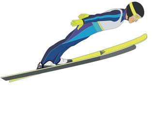 ski jumping, male skier in mid jump arms in V-style position isolated on a white background