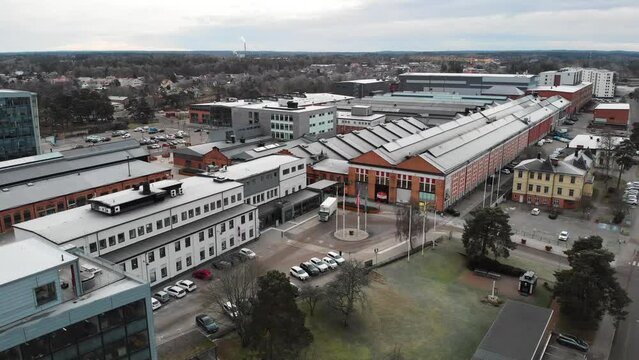 Saab Car Museum and Innovatum Science Center near Trollhattan Canal, Aerial pullback
