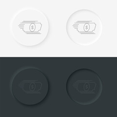 Fast send money transfer funds payment neumorphic style vector icon. Flying dollar money send logo. Simple element time and timer speed neumorphic style vector icon