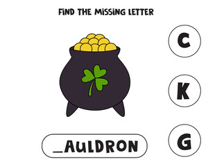 Find missing letter with cartoon cauldron. Spelling worksheet.