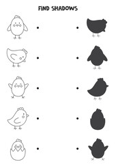 Find the correct shadows of black and white Easter chickens. Logical puzzle for kids.