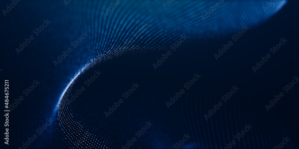 Poster abstract digital wave technology with flowing particles. connection lots and line on dark background
