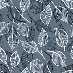 Botanical seamless pattern with hand drawn floral elements. Transparent black and white leaves on a grey background. For textile and wallpaper design.
