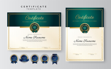Modern dark green and gold business certificate design template in professional style with gold badge and border frame pattern. Vector illustration