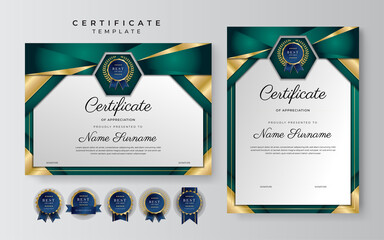 Modern dark green and gold business certificate design template in professional style with gold badge and border frame pattern. Vector illustration
