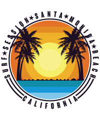Obraz premium T-shirt design: Surf session Santa Monica Beach California typography vector t-shirt design. Vector typography t-shirt design in white background