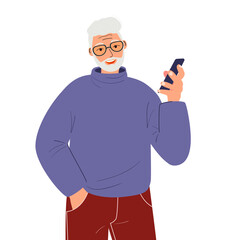 An elderly man uses a smartphone. The senior is talking and writing on the phone, taking selfies. Video chat, send SMS. Vector flat cartoon.