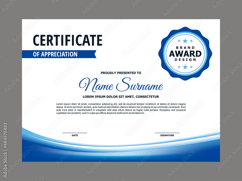 Aufkleber certificate template with blue flowing element design, blue smooth certificate layout vector