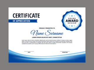 Certificate Template with Blue Flowing Element Design, Blue Smooth Certificate Layout Vector