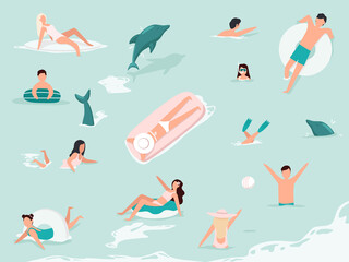 Sea swimming. Active people diving, swim with dolphins and surfing. Men and women swimming, diving, surfing, lying on floating air mattress and sunbathing, playing with ball.