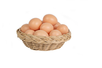chicken egg in the wood bucket isolated on white background