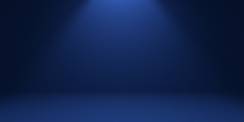 Blue empty background with studio spotlight on top in the form of a cone with darkened edges. 3d render