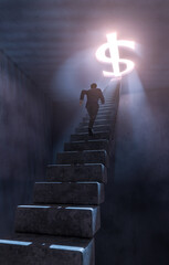 Concept with businessman run up stairs to chasing money in dark room. Low angle. Photorealistic 3D rendering.