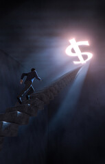 Concept with businessman run up stairs to chasing money in dark room. Photorealistic 3D rendering.
