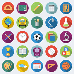 Set of school education icons in flat design with long shadows