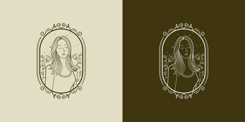 Feminine line art woman logo design. Feminine logo concept with floral and woman element. Beauty hand drawn logo design
