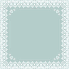 Classic square frame with arabesques and orient elements. Abstract light blue and white ornament with place for text. Vintage pattern