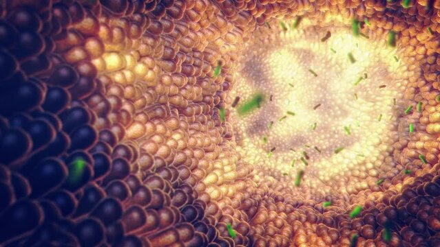 Animation of Intestinal bacteria. Gut microbiome helps control intestinal digestion and the immune system. Probiotics are beneficial bacteria used to help the growth of healthy gut flora