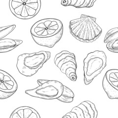 Sea food seamless pattern engraving shell - 484679889