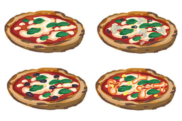 Set of 4 hand drawn vector Vegan Pizzas isolated on white background. Pizza with tomatoes, mozzarella cheese and Basil leaves. Pizza Margarita.
