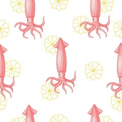 Sea food seamless pattern engraving squid - 484680053