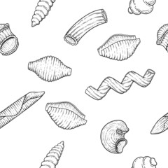 pasta seamless pattern sketch. Doodle outline black and white vintage style macaroni illustration