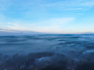 Sky morning forest in fog drone pictures
