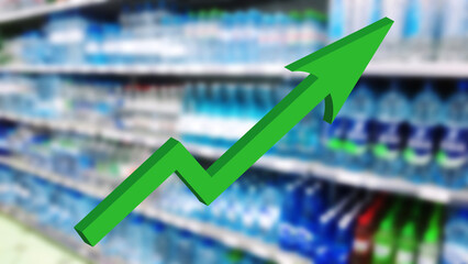 Green growing up large arrow on  blur supermarket background. Bar charts and graphs. Price grocery. Retail industry. Finance and Economy. Market. Store. Demand for consumer goods and product increases