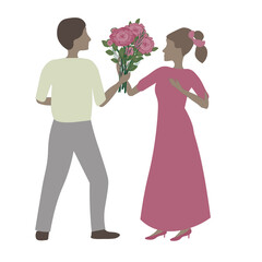 A young man gives a bouquet of flowers to a beautiful girl in a long dress