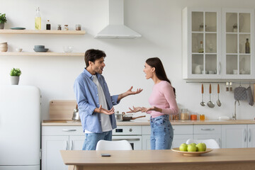 Angry depressed frustrated millennial european woman swears at her upset husband at kitchen interior