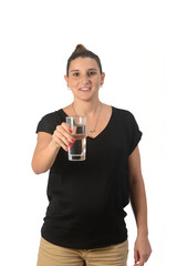 woman holding a glass of water on white background