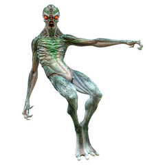 3D Rendering Green Alien on White