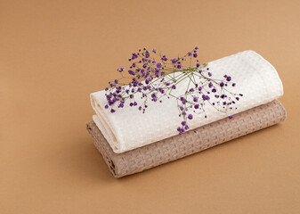 Two folded cotton towels on a beige background. A branch of dry gypsophila. Bath and kitchen color towels concept