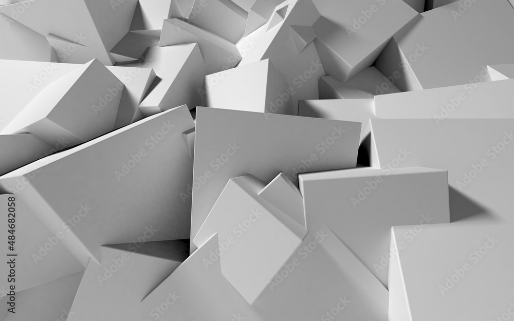 Poster abstract background with white 3d shapes flying in the light as a messy array or chaotic structure f