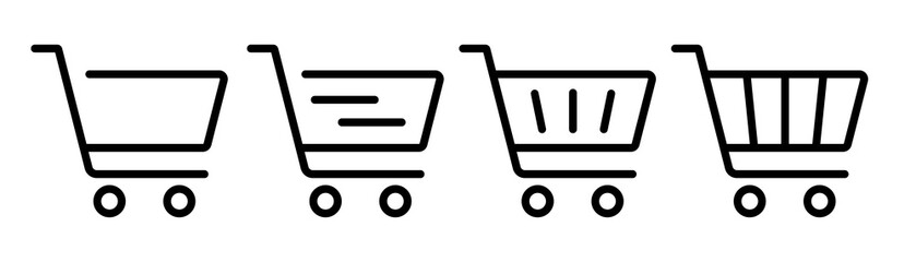 Shopping cart icon. Shopping trolley in outline. Web cart in line. Shop symbol in black. Trolley icon set. Stock vector illustration - obrazy, fototapety, plakaty