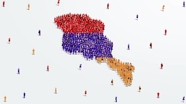 Armenia Map and Flag. A large group of people in the Armenian flag color form to create the map. 4K Animation Video.